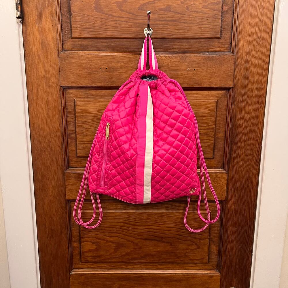 Oliver Thomas 24 + 7 Quilted Drawstring Cinch Backpack Fuchsia White Stripe Pink